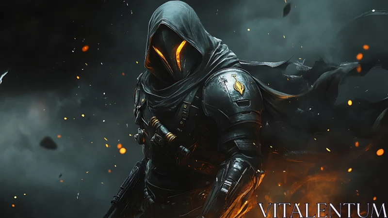 Armored hooded wraith with emissive visor advances through burning embers