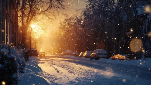 Winter street glows under golden sunset snowfall.