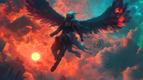 Armored dark angel descends through blazing neon storm sky
