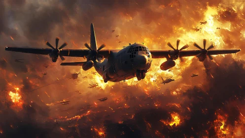Fiery skies roar as a mighty aircraft charges through battle