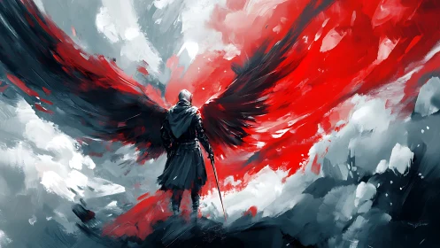 Winged warrior in dynamic red-black abstraction confronts storm