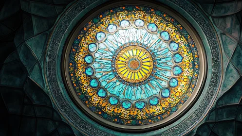 Intricate circular stained glass dome casts radiant turquoise light