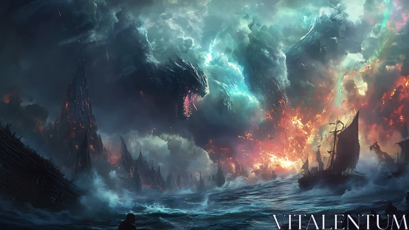 Colossal sea dragon towers over burning storm-wrecked fleet.
