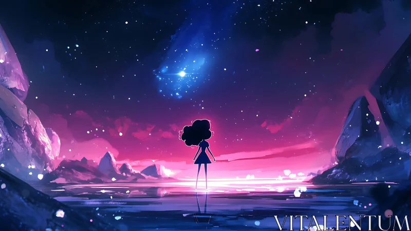 Stargazing girl stands by glowing water under a dreamy sky