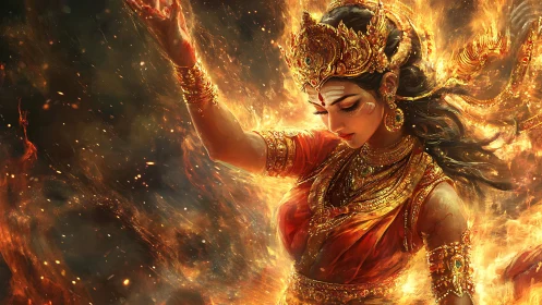 Fire crowned goddess dances within a storm of living embers.