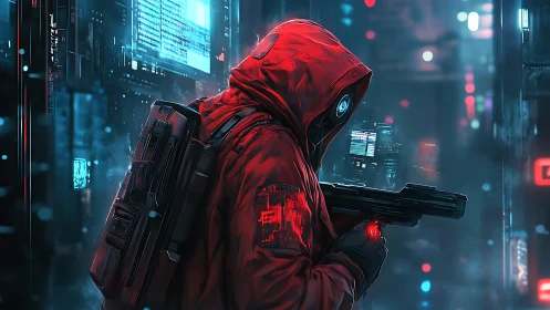 Cybernetic operative in red tactical hood within neon datacore