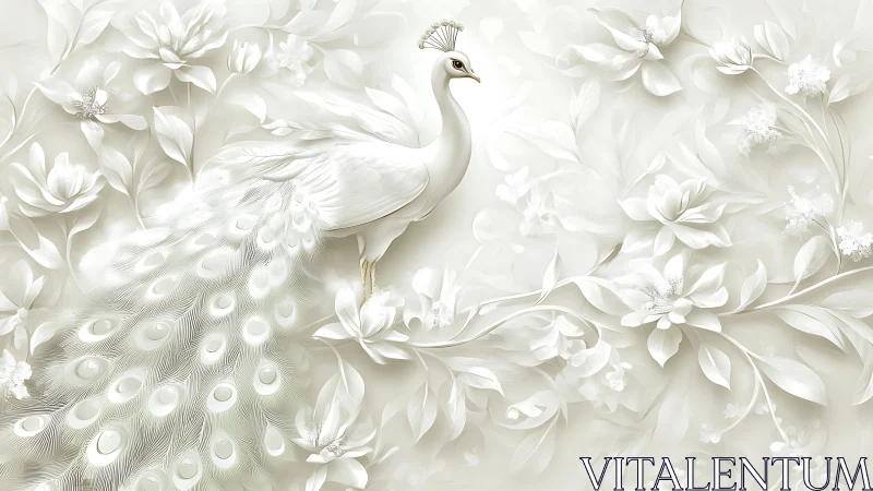 Ivory peacock rests amid delicate floral arabesques.