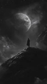 Solitary human silhouette on ridge beneath illuminated moon.