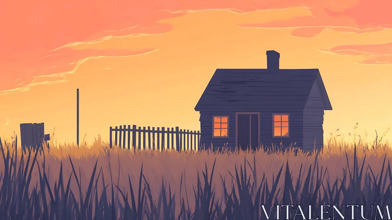 Small wooden cabin in tall grass under warm sunset sky.