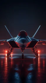 Stealth fighter jet rendered in neon rim light on wet tarmac
