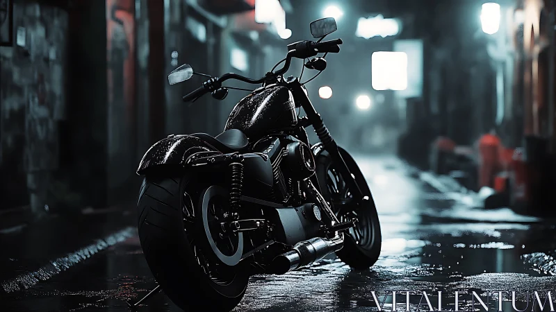 Black cruiser motorcycle stands on wet night city alley