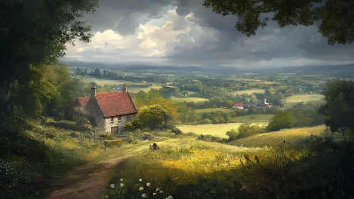 Sunlit country cottage above rolling patchwork valley.