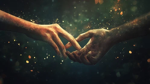 Two Hands Connect in Luminous Particle Embrace