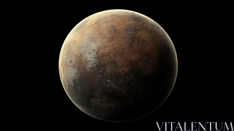 Digital rendering of a cratered brown rocky planet in space.