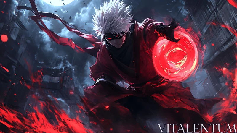 White-haired warrior unleashes crimson energy under stormy moon