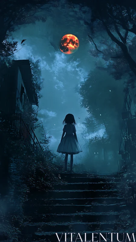 Silhouetted figure on forest stairs under red lunar disk.