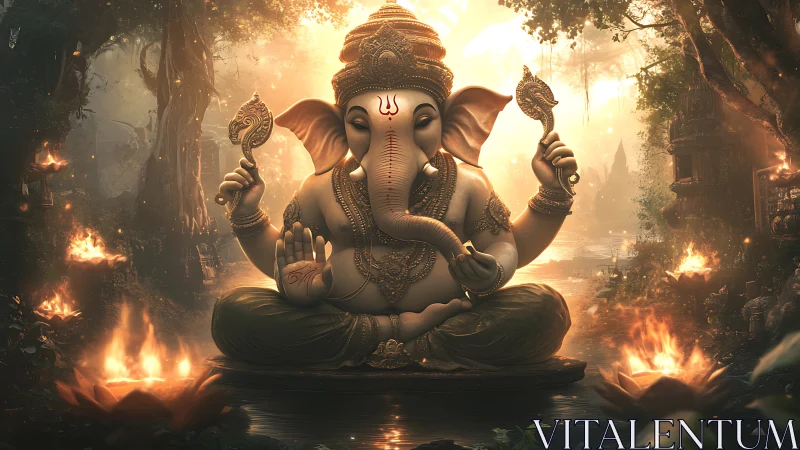 Radiant Ganesha surrounded by glowing forest light and flames.