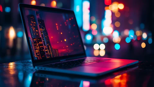 Neon city dreams reflected in a midnight laptop glow.