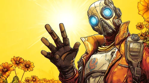 Robot in yellow jacket raises robotic hand against bright sun