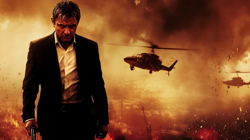 Stormlit agent strides through burning city of falling fire.