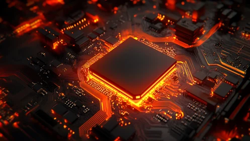 Central processor chip glowing on dense circuit board