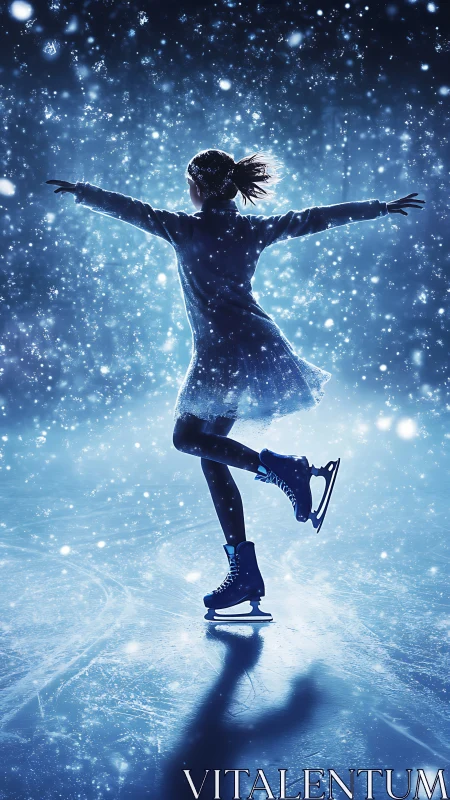 Figure skater spins gracefully under shimmering snowfall.