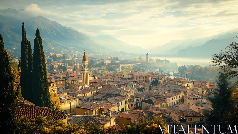 Sunlit Italian lakeside town with tiled roofs and hills.