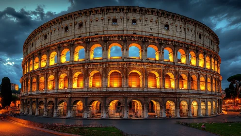 Nocturnal elevation of Roman Colosseum under storm sky.