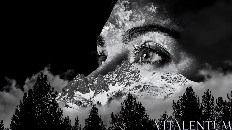 Monochrome double exposure merges human gaze with alpine landscape