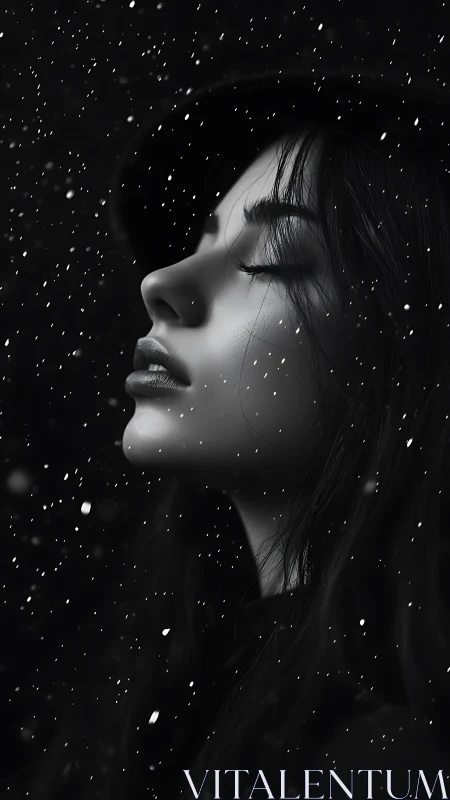 Side profile woman in snowfall, monochrome portrait study.