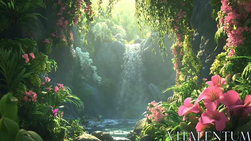 Luminous jungle waterfall framed by lush pink blossoms.