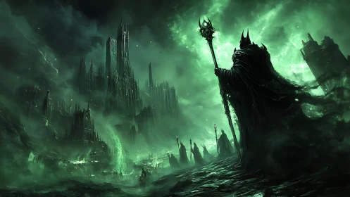 Dark robed warlord faces spiked fortress under green storm