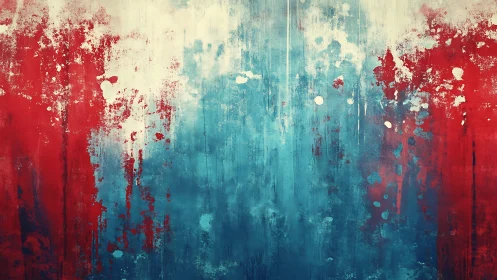 Abstract red, blue, and white textured painting with grunge style.