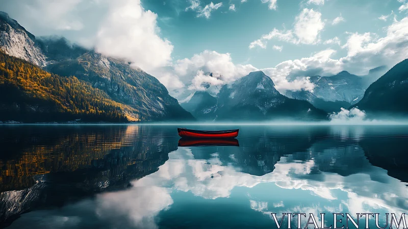 Solitary red canoe adrift on mirror-still alpine dreamlake.