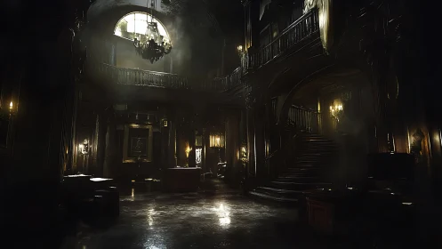 Cinematic baroque hall with volumetric shadows and decay.