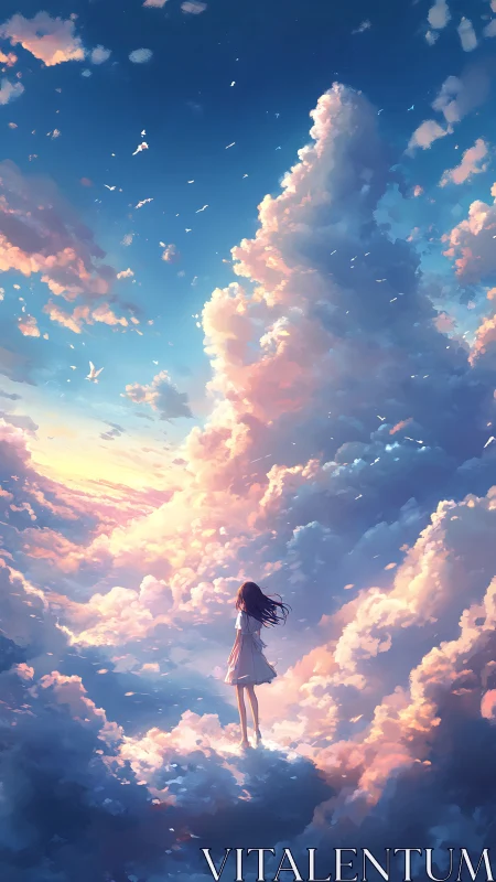 Girl standing on cloud path under towering sunset sky.