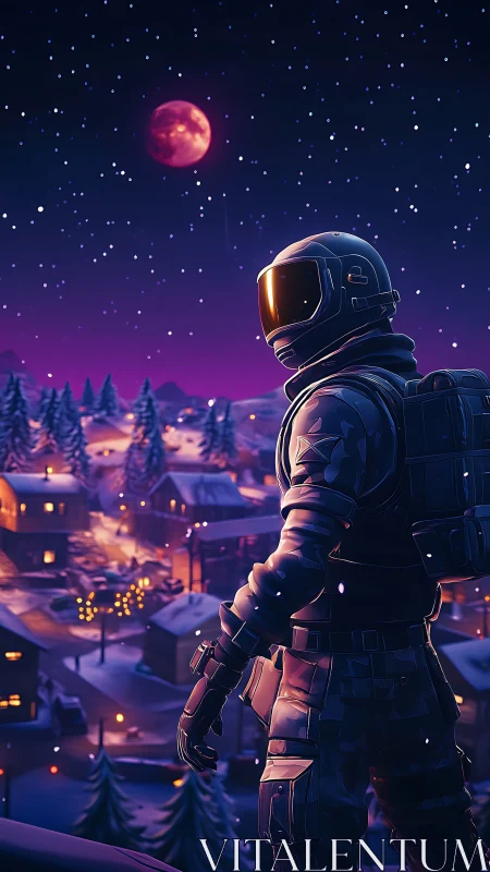 Armored astronaut overlooking neon winter village at night.