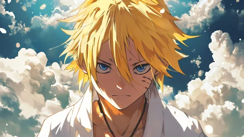 Storm-bright anime hero stands strong beneath blazing skies