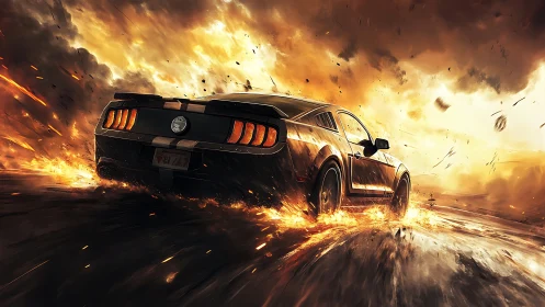 Muscle car accelerates through fiery, smoke-filled roadway