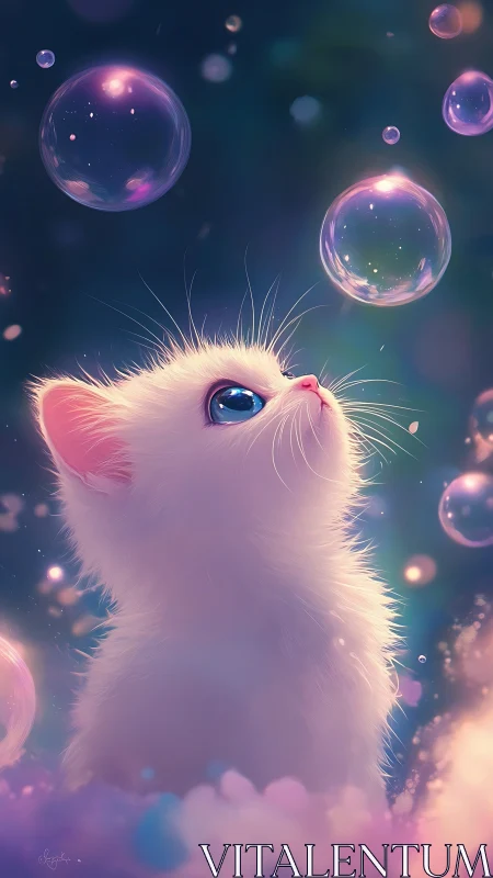 Ethereal Feline with Iridescent Bubbles: 3D Digital Fantasy.