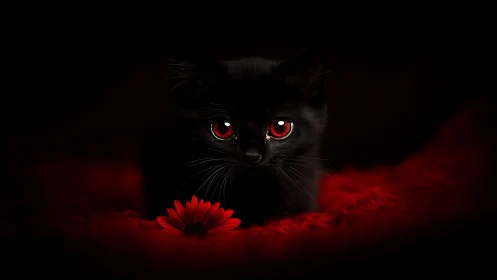 Black feline subject exhibits luminescent crimson ocular features against dark compositional field
