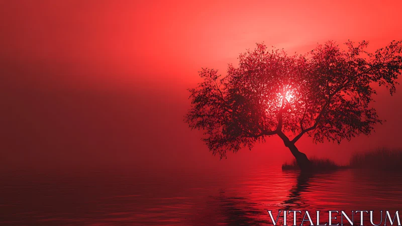 Leaning tree stands in shallow water before red backlight