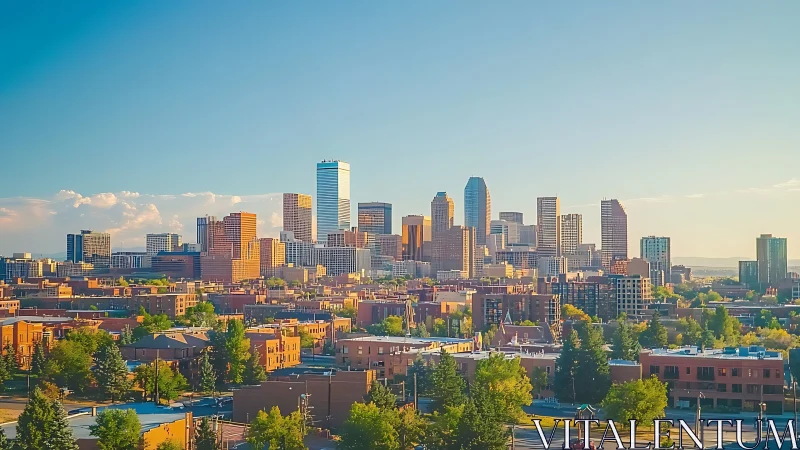Sunlit downtown skyline rises above a calm green cityscape