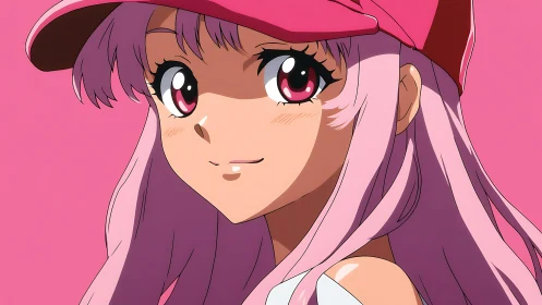 Pink haired anime girl in cap against uniform backdrop.