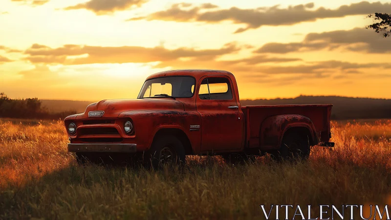 Weathered red pickup rests in a glowing country sunset field.
