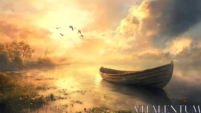 Sunlit wooden boat drifting into a honey-gold dreamscape.