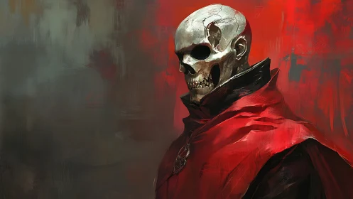 Digital painting of skeletal warlock in scarlet cloak profile.