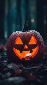 Jack-o’-lantern glows warmly in a shadowy forest setting.