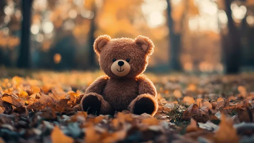 Soft brown teddy bear sitting on autumn forest leaves.