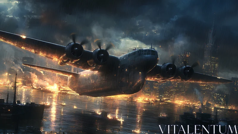 Warplane storms burning harbor under torrential night rain.